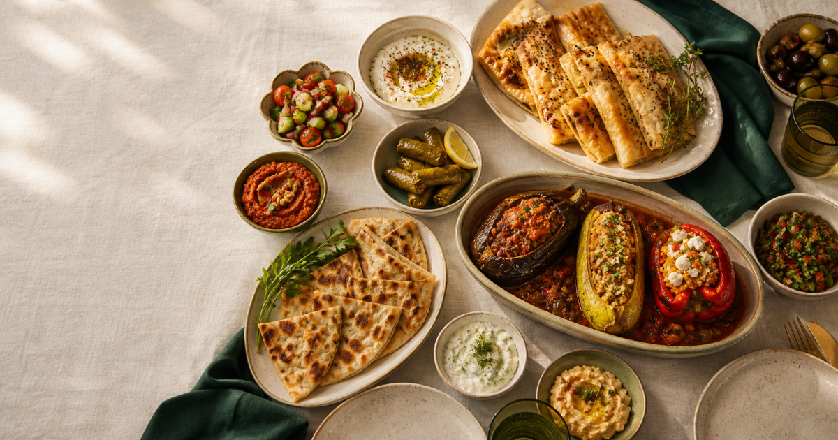 Mumyz Sofra mit Meze, Gebäck und gefülltem Ofengemüse